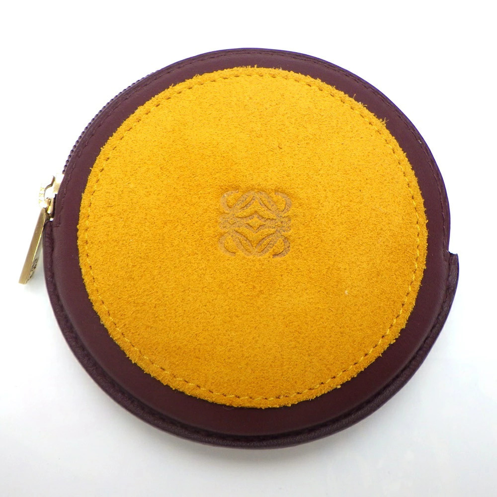 Loewe coin case Wallet round Anagram leather suede Burgundy Red Mustard Yellow
